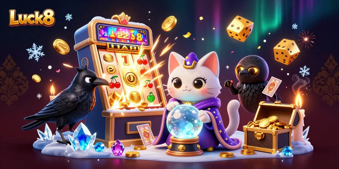 Luck8 players winning big with a mystic cat and raven in vibrant casino scene.