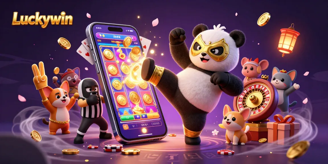 Experience thrilling moments with Luckywin as a playful panda wrestler takes flight in this vibrant 3D casino scene.