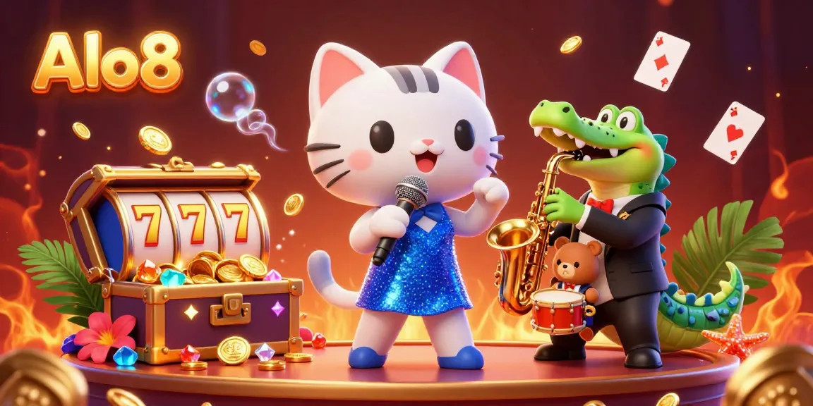 Alo8's vibrant casino scene showcases a jazz-singer cat and friends, immersing players in thrilling gaming excitement.