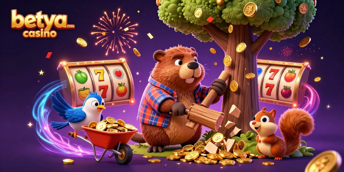 Experience the excitement of betya.com casino with a cartoon lumberjack beaver, fun slots, and golden coins raining down.