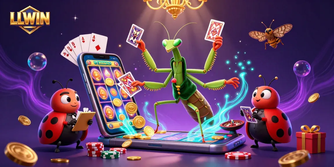 LLWIN showcases thrilling casino action with a giant mantis and ladybug in a vibrant scene.