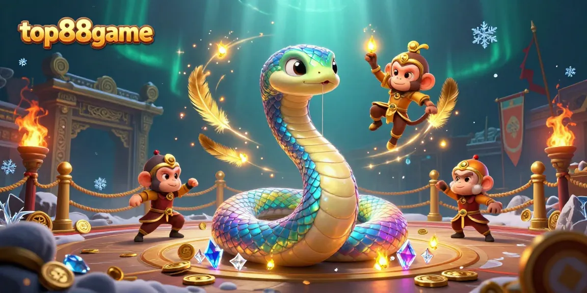 Top88game showcases a vibrant casino scene with a rainbow serpent and monkey king, enhancing your gaming experience.