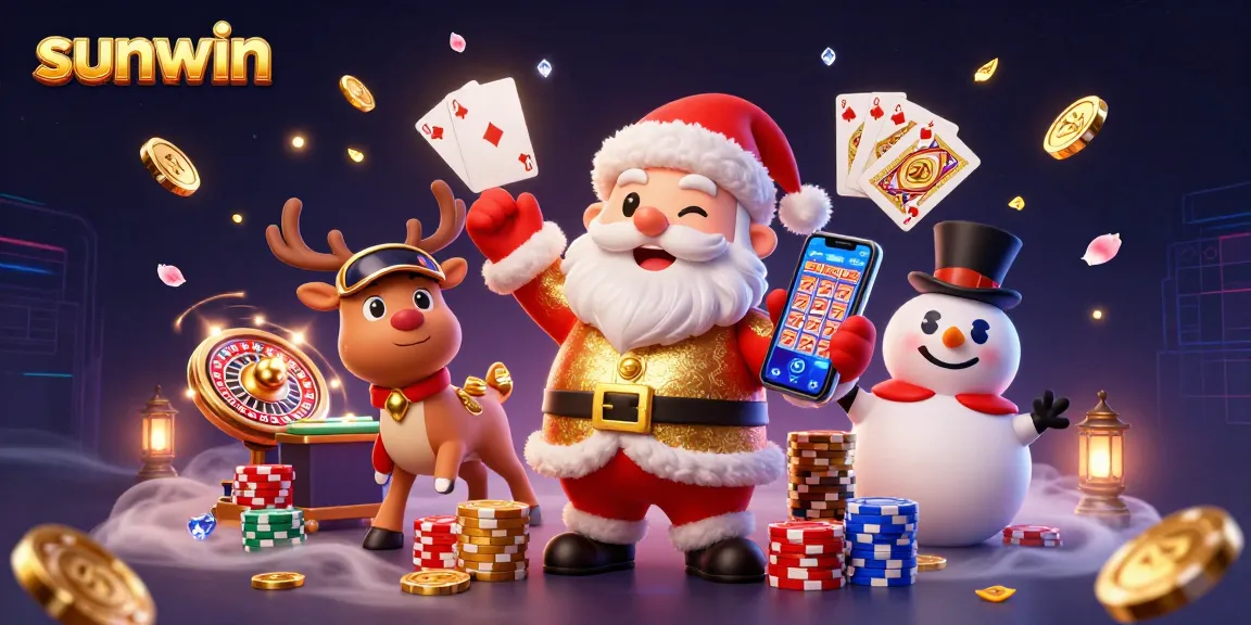 Experience the thrill of winning on Sunwin with festive characters in a vibrant casino scene.