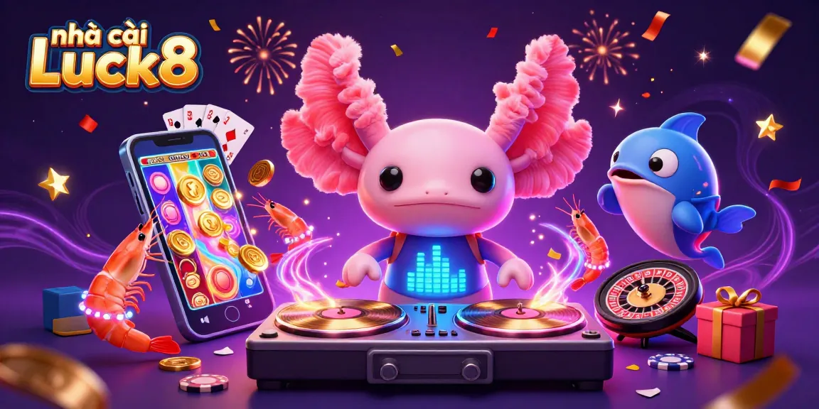 Experience the excitement of nhà cái Luck8 with vibrant casino elements in a dynamic 3D scene.