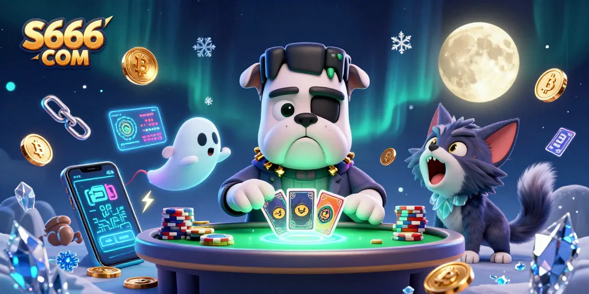 S666 COM showcases a lively casino scene with a monstrous dealer, animated characters, and vibrant crypto elements.