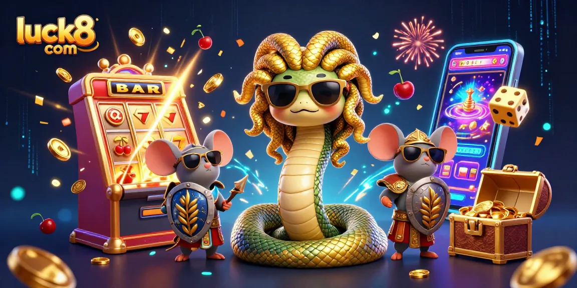 Engage with luck8 com in a vibrant casino scene featuring Medusa and a warrior mouse with dynamic gameplay elements.