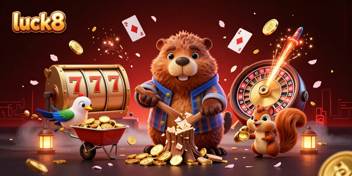 Experience the excitement of luck8 with vibrant gold coins raining from trees as whimsical characters collect rewards.