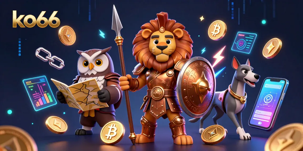 Engage with ko66 at the center of a dynamic 3D casino illustration showcasing crypto-themed elements.
