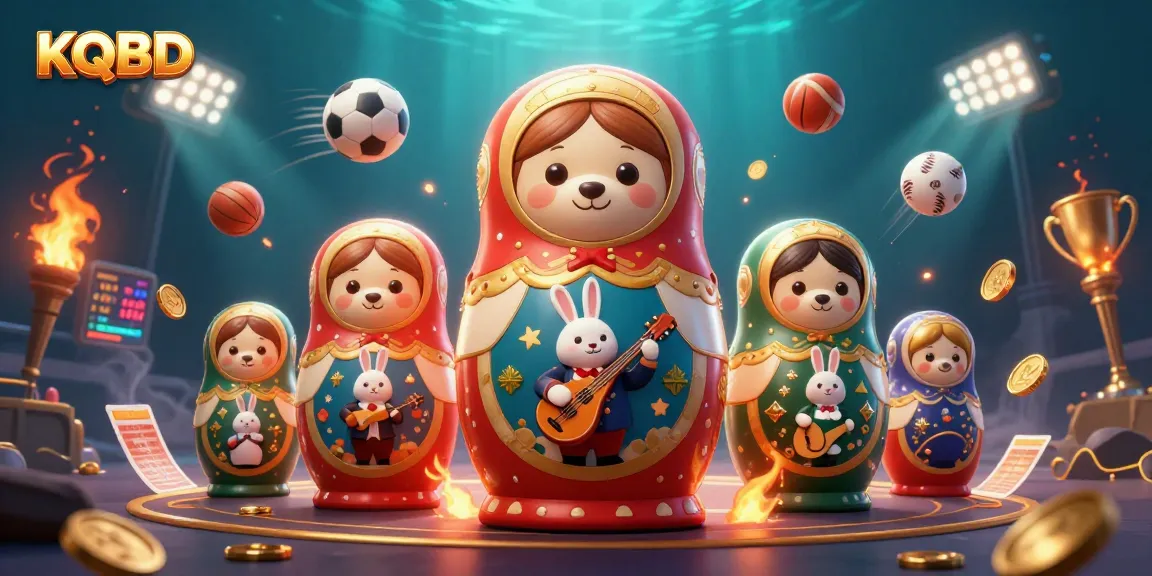 KQBD showcases a vibrant casino-themed illustration featuring a dynamic scene with Russian Matryoshka bears and sports elements.