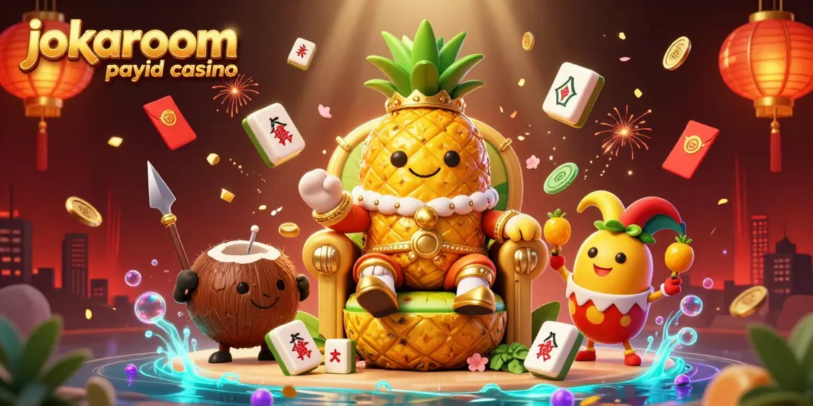 Experience the vibrant action at jokaroom payid casino with a golden pineapple king and colorful gaming elements.