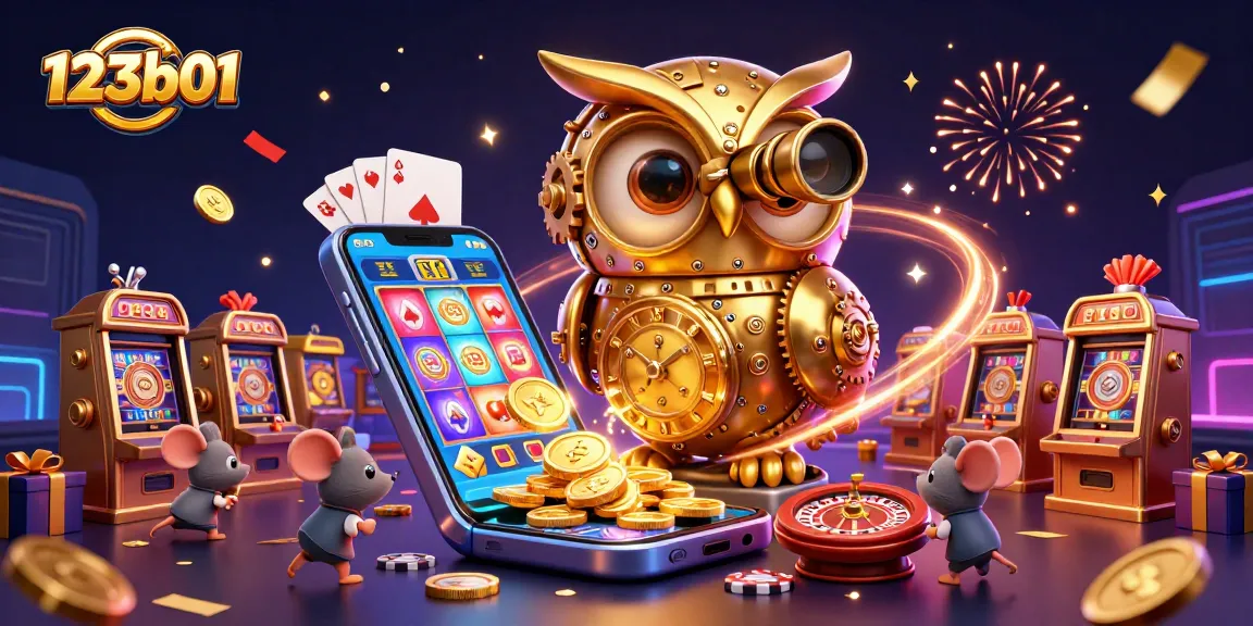 Experience the excitement at 123b01 with a vibrant casino scene showcasing a golden owl and dynamic gaming elements.