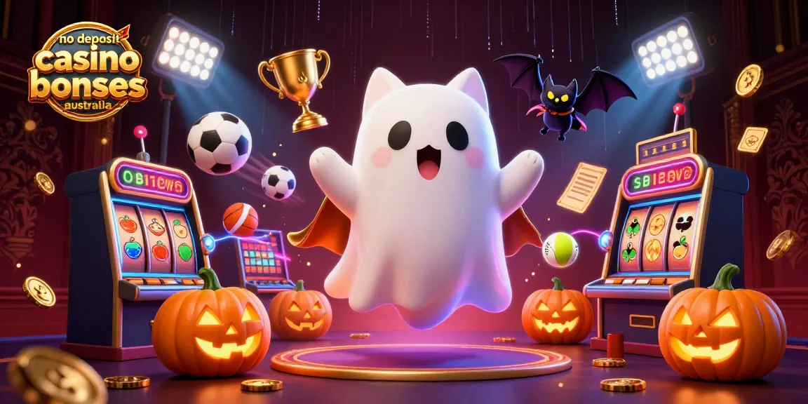 No deposit casino bonuses Australia art featuring a ghost cat, vampire bat, and dynamic slot elements.