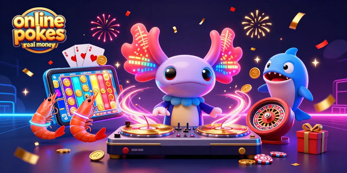 Experience online pokies real money excitement with a vibrant axolotl DJ and animated casino characters.