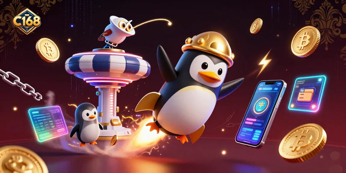 Experience the excitement of C168 with a golden penguin soaring towards a casino satellite while trailing coins.