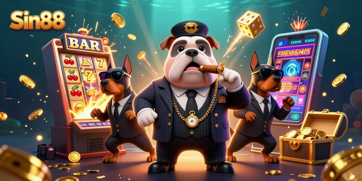 Sin88 showcases a mafia bulldog and bodyguards amid a vibrant casino scene, emphasizing thrilling gaming.