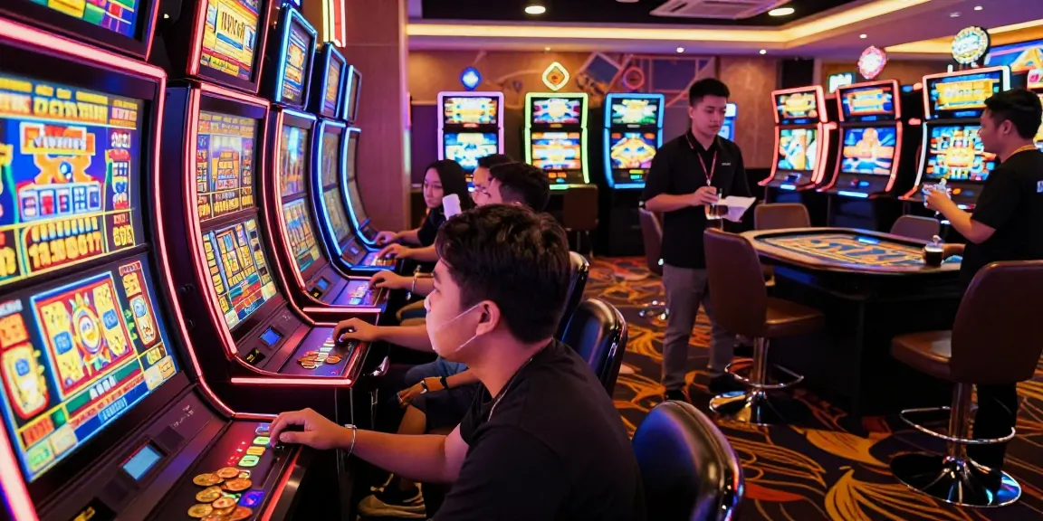 Excited players enjoying slot gacor games in a vibrant casino atmosphere, neon lights glowing.