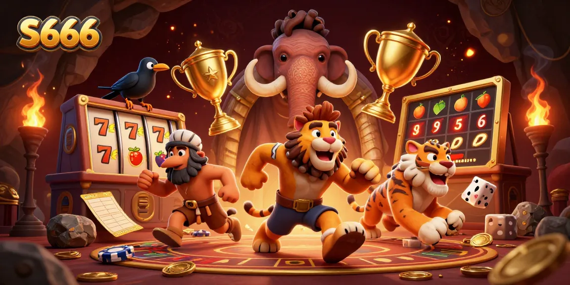 S666 Casino scene showcasing a caveman and sabertooth tiger playing with poker chips and dice among dynamic slot reels and trophies.