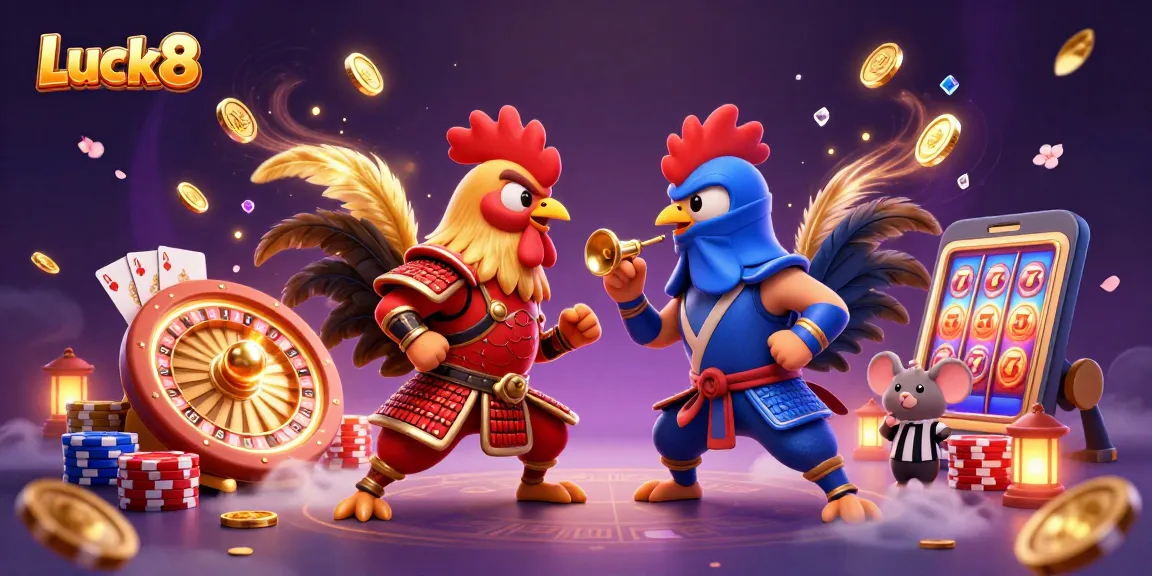 Experience thrilling matchups at Luck8 with engaging games, fighting roosters, and golden casino elements.
