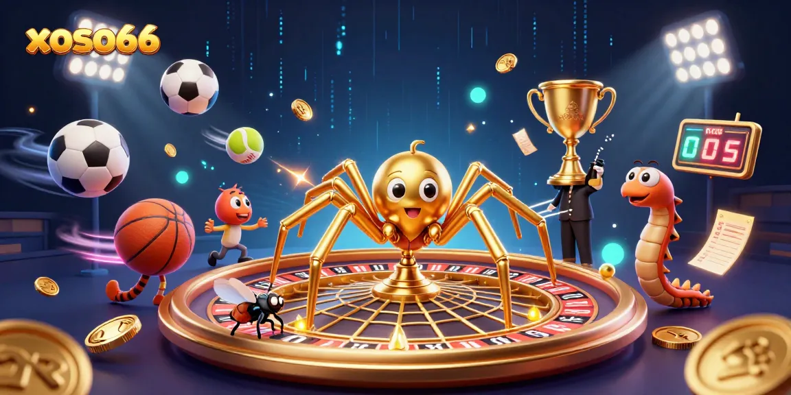 Engage with xoso66 as a golden spider spins a roulette-themed web while a fly places bets in a dynamic casino scene.