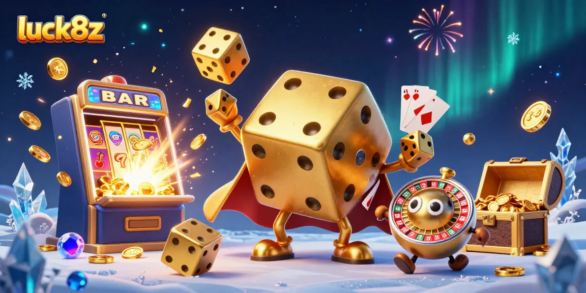 Play exciting games and win big at luck8z, featuring dynamic golden dice character and casino elements.